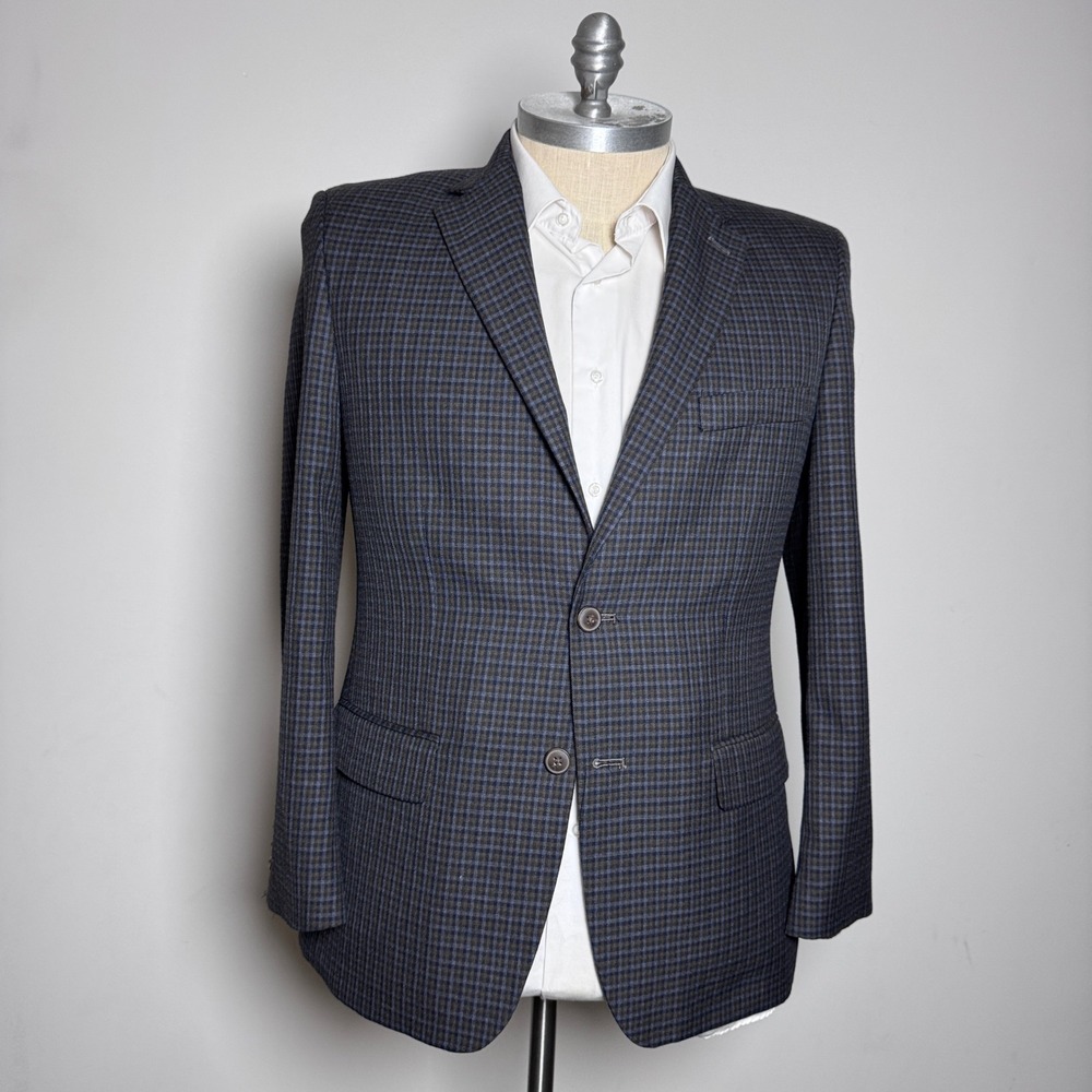Haggar Blazer Mens 42R Blue Brown Check Two Button Notch Lapel Sport Coat